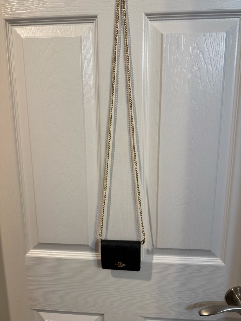 Coach Black Leather Mini Crossbody Card Case Bag Gold Chain